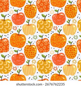 Patrón sin fisuras con manzanas amarillas, naranjas y rosadas, con textura de trazo y puntos, bueno para el Fondo de pantalla, invitaciones, postales, textiles