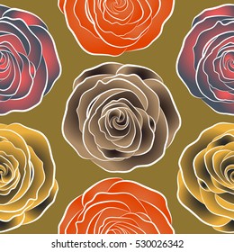 Seamless pattern with yellow, orange and pink roses. Vintage pattern with indian batik style rose flowers. Floral vector background.