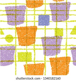 Seamless pattern. Yellow, orange and purple texture with shapes and stripes. Abstract vector background for web page, banners, fabric, home decor, wrapping