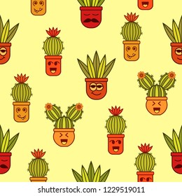 Seamless pattern with yellow, orange, red and green doodle sansevieria and cacti on a warm beige background.Print with funny cartoon characters for fabric,wrapping paper and more