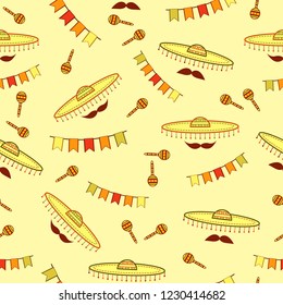 Seamless pattern with yellow, orange, red, green and drown sombreros, mustaches, maracas and paper flags on a beige background.Print for fabric,wrapping paper,wallpaper and more