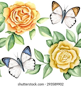 Seamless pattern with yellow and orange roses and tropical butterflies. Watercolor. Vector illustration