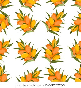nahtloses Muster aus gelb-orangefarbenen Sanddornfrüchten auf einem Zweig auf weißem Hintergrund.Nahaufnahme. Das Gestaltungselement