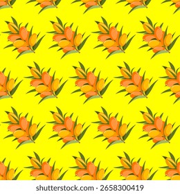 seamless pattern of yellow orange sea buckthorn fruits on a twig on a yellow background.Close-up. The design element