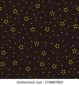 Patrón sin brillo con estrellas amarillas y naranjas de diferentes tamaños y fondo negro.