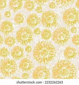 Seamless pattern with yellow with orange sunflower . pattern with a sunflower on a linen beige textured background, 