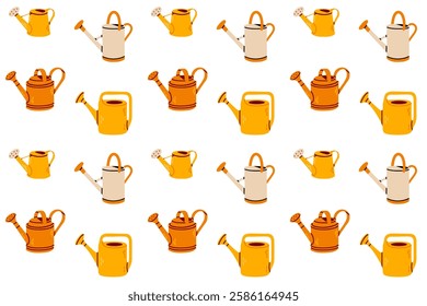 Seamless pattern of yellow and orange watering cans. Hand-drawn vector background for gardening, textiles, and nature-themed designs.