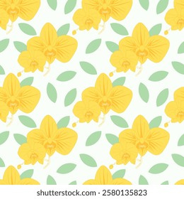 Seamless pattern with yellow orchids with green leaves. For botany pattern, cardboard, wallpaper.