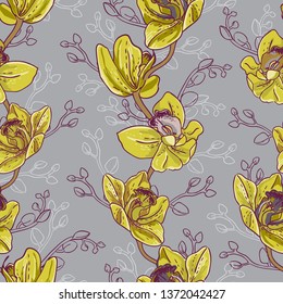 Seamless pattern of yellow orchids. Vertical creepers from flowers on a gray background.
