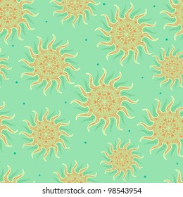 Seamless Pattern with Yellow Ornamental Sun on Light Green Background. Vector Illustration