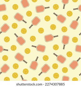 Seamless Pattern of Yellow Outdoor Balls and Pink Rackets for Pickleball