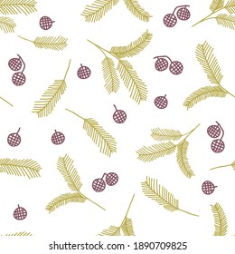 A Seamless pattern of yellow outline hand drawing vector illustration of a carved Christmas fir branches with brown cones isolated on a white background