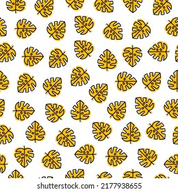 Seamless pattern with yellow outline monstera leaves,.