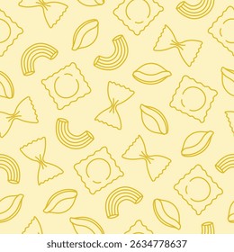 Patrón transparente con pasta de contorno amarillo sobre fondo beige. Dibujo de Doodle para Anuncio, volante, tarjeta, diseño de menú. Ilustración vectorial