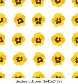 Seamless pattern with yellow pansies. Botanical vector flat background with pansy flower buds. Floral wallpaper for textile, fabric design, fashion and other surfaces