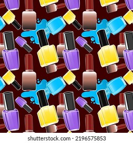 Seamless pattern of yellow pantone,medium purple,capri,blast off bronze color nail paint bottle or nail polish bottle with black and OU crimson red color cap on black bean background. beauty product.