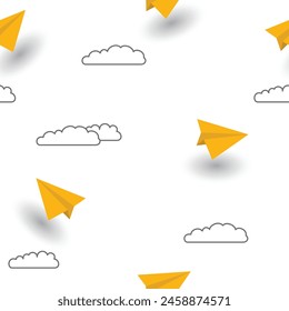 A seamless pattern with yellow paper airplanes and clouds in 3D for postcards, posters, and more.