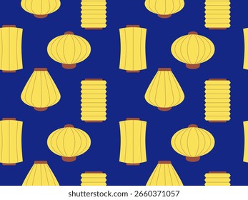 Seamless pattern of yellow paper lanterns in assorted shapes on deep blue background. Vector illustration perfect for festive decor, textiles, wallpapers, packaging.