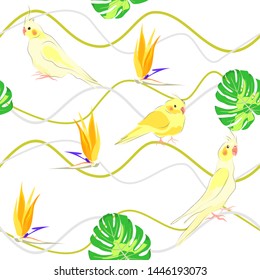 Seamless pattern with yellow parrot. Tropical exotic vector wallpaper.