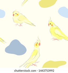 Seamless pattern with yellow parrots. Corella. Vector wallpaper.