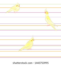Seamless pattern with yellow parrots. Corella. Vector wallpaper.