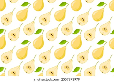 Seamless Pattern with Yellow Pear Fruit with leaves. Repeated Flat vector illustration Food background for menu, wallpaper, wrapping, packing, textile, scrapbooking. Doodle yellow pear print.