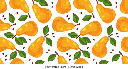 Patrón sin foco con pera amarilla y hojas verdes. Fondo de fruta. Impresión vectorial para tela y papel tapiz. Aislado sobre blanco