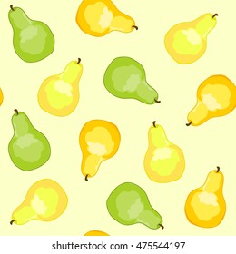 Seamless pattern of yellow pear, green pear and orange pears. Pear background. Hand Drawing. Vector illustration.