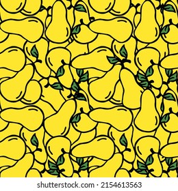 Seamless pattern with yellow pear icons. Colored pear background. Doodle vector illustration with fruits