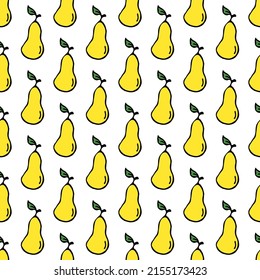 Seamless pattern with yellow pear icons. Colored pear background. Doodle vector illustration with fruits