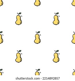 Seamless pattern with yellow pear icons. Colored pear background. Doodle vector illustration with fruits