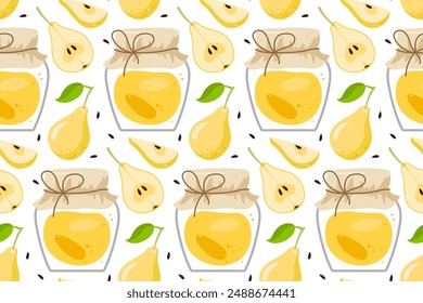 Seamless pattern with Yellow Pear Jam, marmalade. Canned pear hand drawn. Jar preserved fruits. Repeated Flat vector for menu, wallpaper, wrapping paper, packing, textile. Farmers market, Vegan food