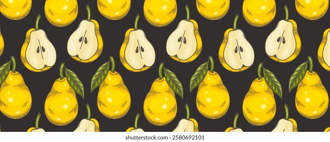 Seamless pattern of yellow pear with leaves on a blask background. Hand-drawn pears pattern. Vegan food, fruit background. Colorful background texture for kitchen, wallpaper, textile.