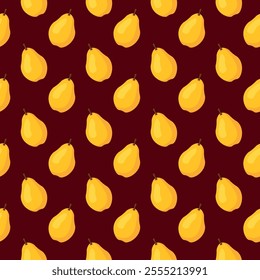 Seamless pattern with yellow pear on brown background. Fruit background. Wrapping paper, gift card, poster, banner design. Home decor, modern textile print. Summer bright geometric fruits patterned.
