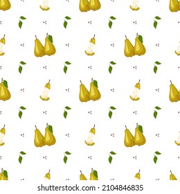 Seamless pattern with yellow pear. Print from whole and half healthy fruits. Background from sweet food for diet. Vector flat illustration