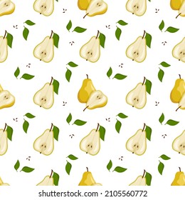 Seamless pattern with yellow pear. Print from whole and half healthy fruits. Background from sweet food for diet. Vector flat illustration