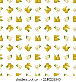 Seamless pattern with yellow pear. Print from whole and half healthy fruits. Background from sweet food for diet. Vector flat illustration
