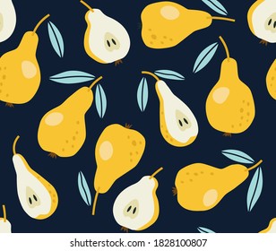 Seamless pattern of yellow pear with sky blue leaves on a blue background. Hand-drawn pears pattern. Vegan food, fruit background. Colorful background texture for kitchen, wallpaper, textile.