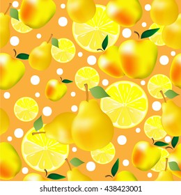 Seamless pattern of yellow pears, apples and lemons on an orange background