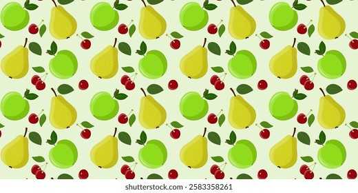 Seamless pattern with with yellow pears, green apples and cherries. For backgrounds, textiles, tablecloths, kitchen, wallpaper, packaging. Vector image.