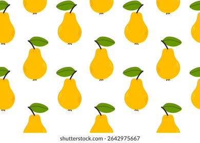 Seamless pattern with yellow pears and green leaves on white background. Great for fruit-themed prints, wrapping paper, and culinary design