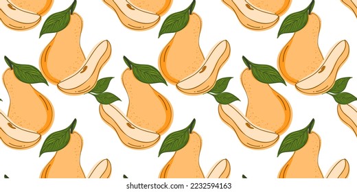 Seamless pattern with yellow pears. Hand drawing. Beautiful vector seamless pattern with fruits. Doodle. Suitable for wallpaper, web page background, surface textures, textile.