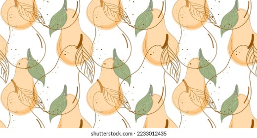 Seamless pattern with yellow pears. Hand drawing. Beautiful vector seamless pattern with fruits. Doodle. Suitable for wallpaper, web page background, surface textures, textile.