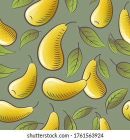 Seamless pattern with yellow pears and leaves on gray background. Illustration can use for packaging, textile, fabric, wrapping paper or posters. 10 EPS. Vector.