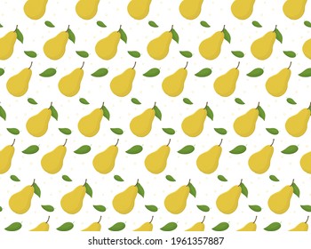 Seamless pattern with yellow pears and leaves. Fruit background. Vector print for fabric and wallpaper. Vector illustration