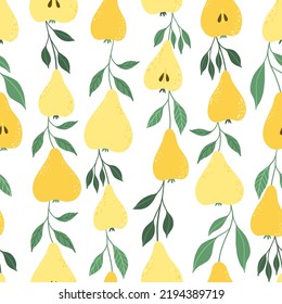  Seamless pattern with a yellow pears and leaves. Fruit background. Vector print for fabric, packaging, textile and wallpaper.