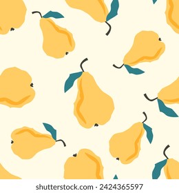 A seamless pattern of yellow pears with leaves on a beige background