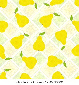 Seamless pattern with yellow pears on a white background. Decorative vector background for fabrics, wrapping paper, home textiles, wallpaper. Geometric ornament. Juicy fruits for your design.