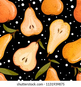 Seamless pattern of yellow pears, pear slices on a black background