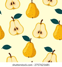 Seamless pattern with yellow pears and sliced pears with green leaves in modern flat design style on soft pastel background